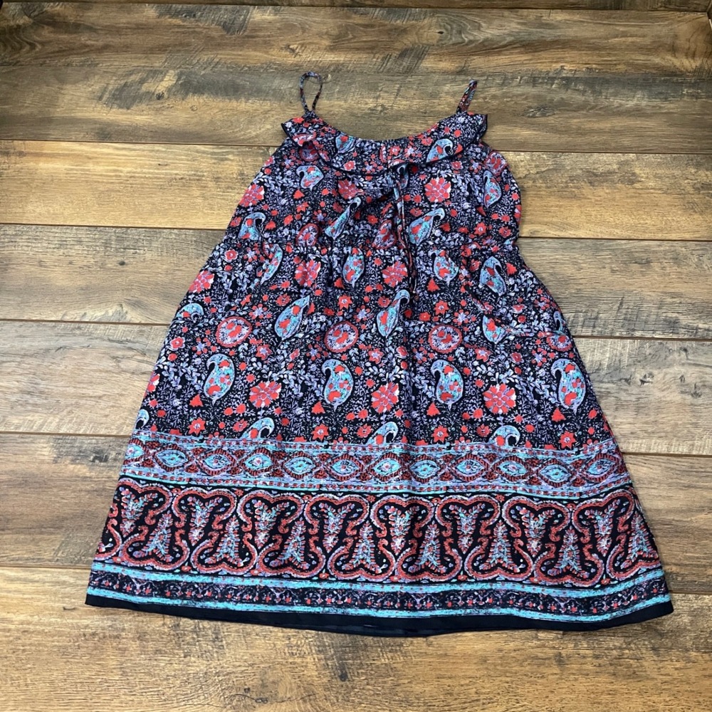 American Eagle Outfitters Paisley Floral Mini Dress Red Blue Large Boho Pockets